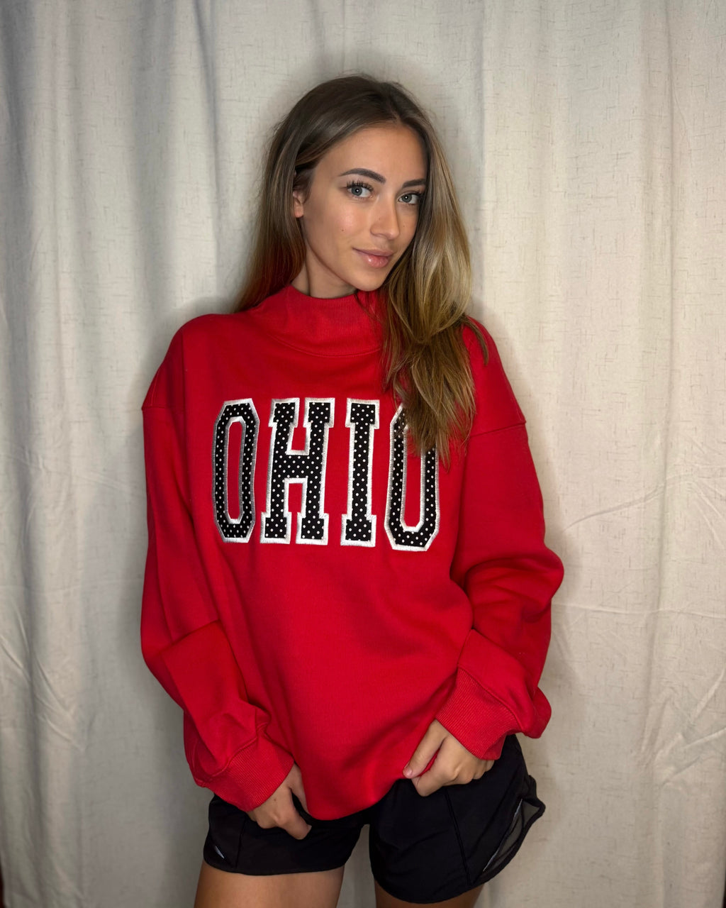 Red Ohio Polka Dot Appliqué Mockneck