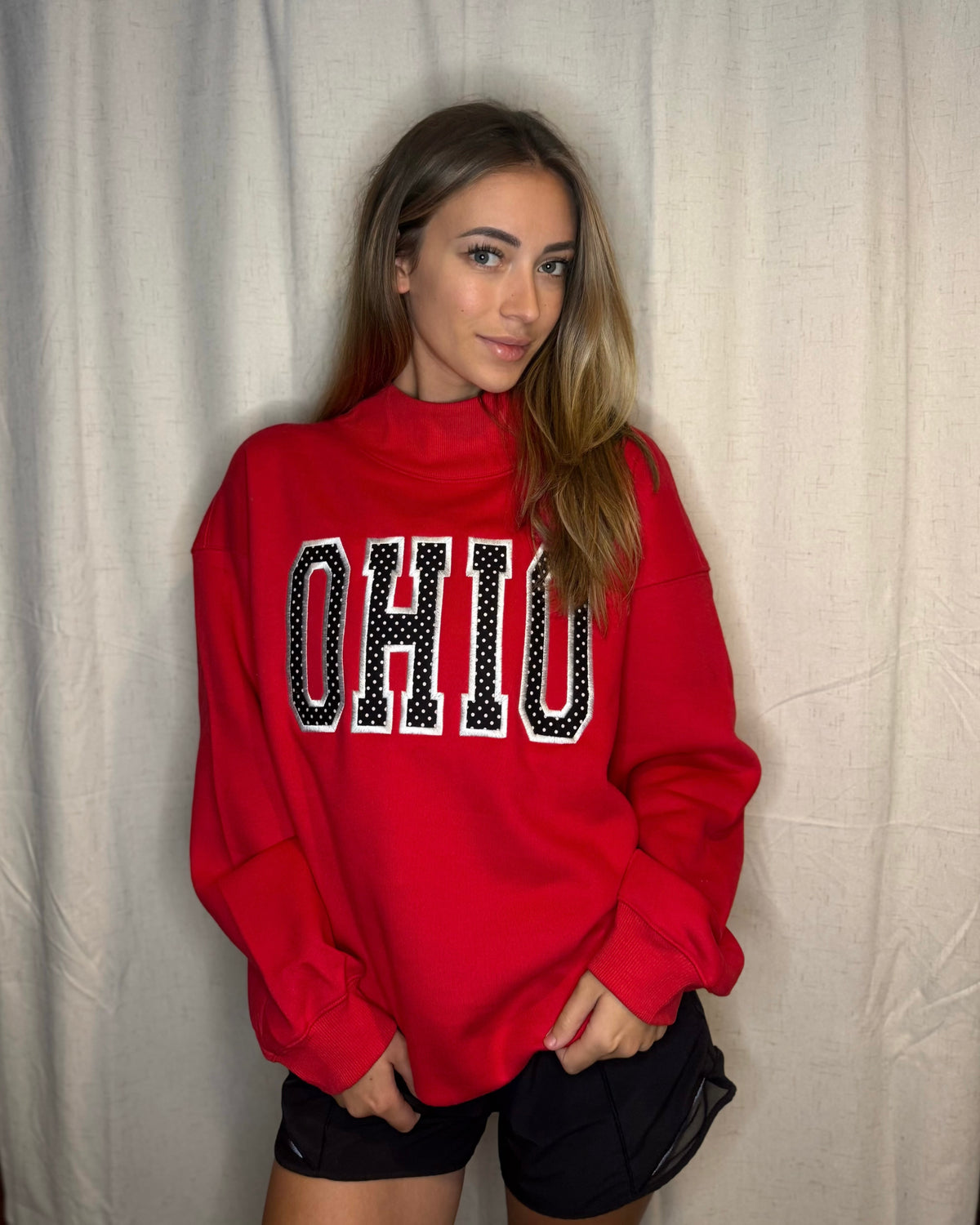 Red Ohio Polka Dot Appliqué Mockneck